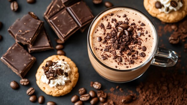 Frapp&eacute; drink next to chocolate cookies and coffee beans