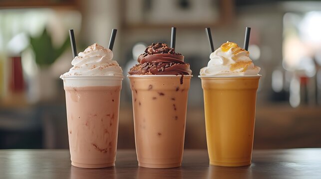Three different frapp&eacute; drinks placed side by side
