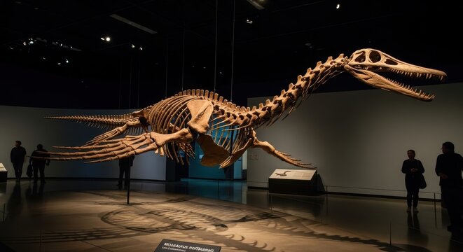 Museum Display of Ancient Plesiosaur Skeleton in Exhibit.