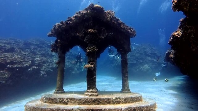 The "Underwater Palace" dive site featuring Greek-style columns in Yoron Island, Kagoshima, Japan