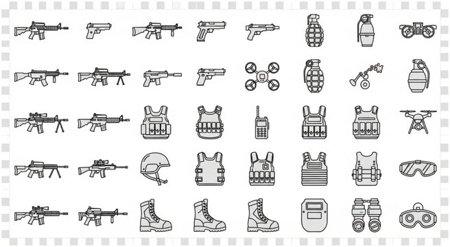 Collection of military equipment and weaponry for combat and defense purposes, ready for action.