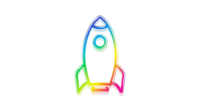 Rainbow rocket ship outline, space exploration, futuristic, vibrant, isolated on white background