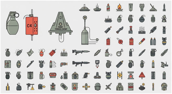 Collection of various military explosive devices and weaponry icons in a row.