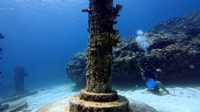 Tilting shot of a coral-covered Greek column at the Underwater Palace, Yoron Island, Kagoshima, Japan