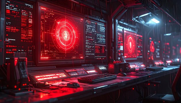 Futuristic computer lab with red screens.
