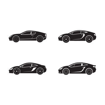 Four black sports cars in different designs and angles on white background  various car models and sides