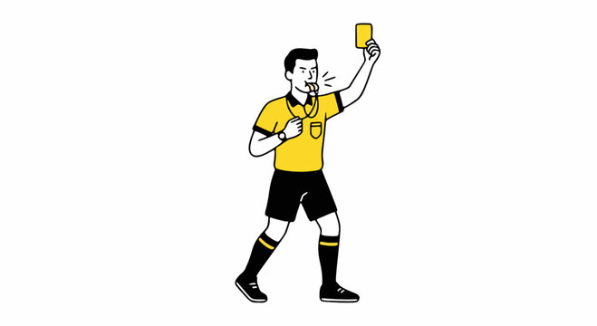 Illustration of a referee signaling with a yellow card and blowing a whistle, representing sports and fair play