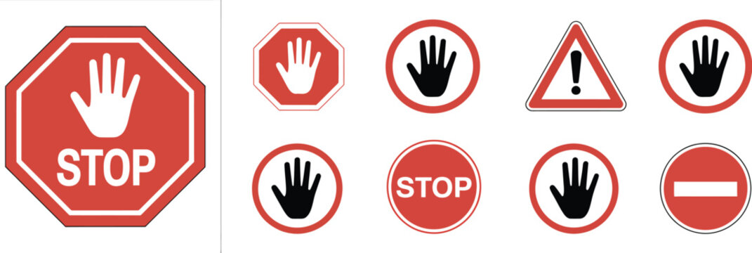 Red stop sign icon set hand stop gesture warning danger road safety vector illustration