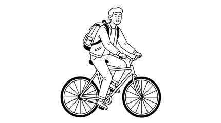 Fototapeta premium Line Art Illustration of Young Man with Backpack Riding Bicycle Eco-Fr