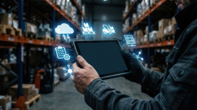 Smart warehouse management system with innovative internet of things technology to identify package picking and delivery . Future concept of supply ch