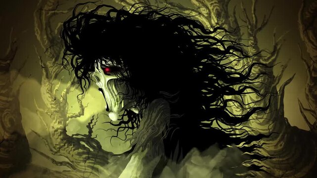 screaming banshee ghost in haunted forest with foul aura and eerie supernatural presence