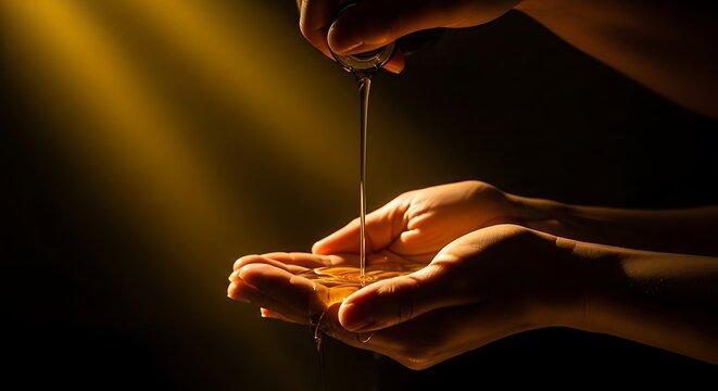 Golden oil pouring into cupped hands for skin care or spa treatment
