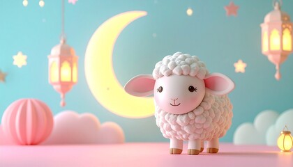 Naklejka premium Cute Eid al Adha Sheep Lantern Moon Mosque Night Scene Dream