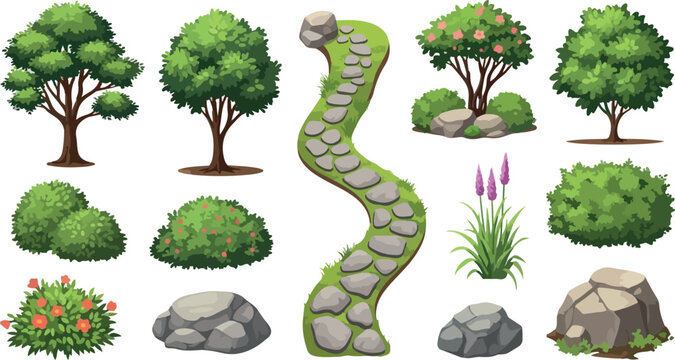Garden landscape elements set, green trees and bushes with stone path vector, outdoor nature environment assets for park design and game map