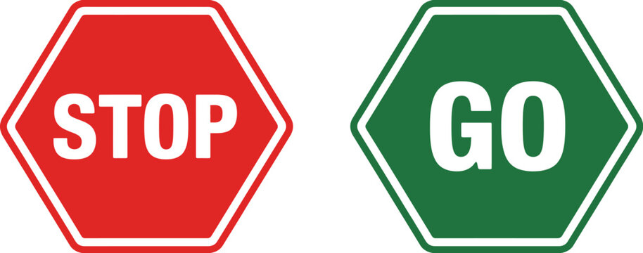 Red stop sign and green go sign side by side traffic control symbols vector illustration