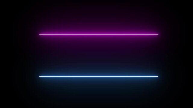 Neon line animation video. Glowing pink and blue horizontal light streak lines overlay on black background