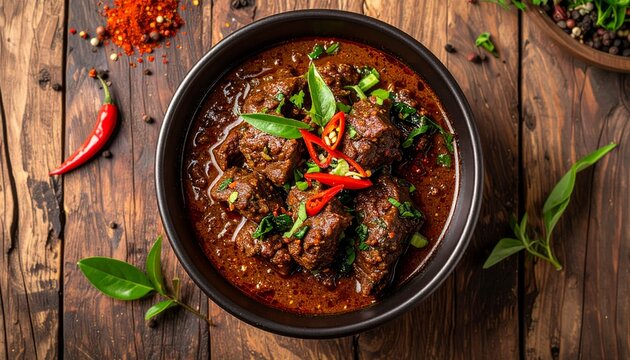 Indonesian Beef Rendang Spicy Curry with Rice Traditional Dish