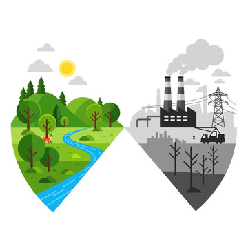 Nature vs Industry Contrast: Green Landscape vs Pollution Factory