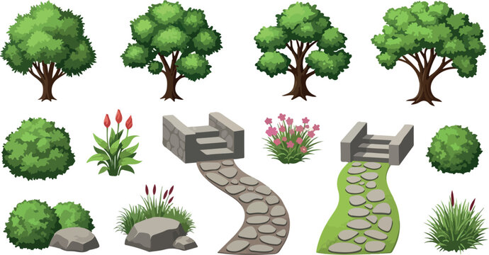 Garden landscape design elements, isometric green trees and stone path vector set, outdoor park foliage and shrubbery collection for game environment