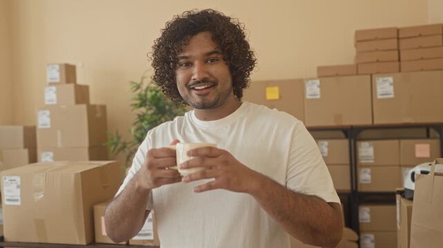 Man holding a coffee mug, hands visible and smiling amid stacked cardboard boxes in a building office; small business optimism.