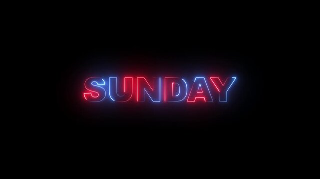 Sunday neon sign glowing text animation, vibrant red and blue light typography for weekend social media and event promotion