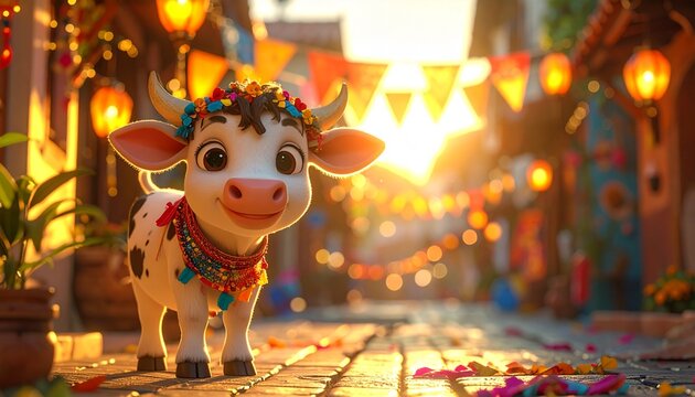 Eid al Adha Decorated Cow at Sunset Festival Lights Cultural Street