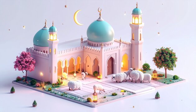 Eid al Adha mosque 3D scene with sheep lanterns crescent moon glow