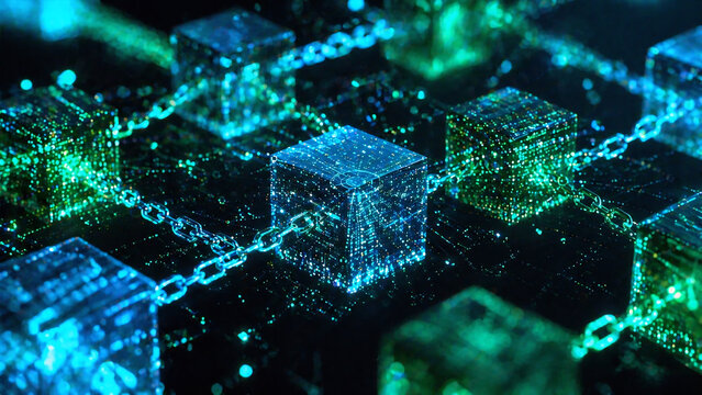 Glowing interconnected blockchain network with digital blocks