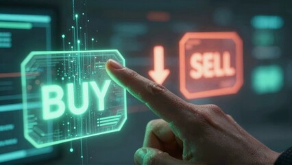 Fototapeta premium Hand Touching Digital Buy Button in Futuristic Trading Interface