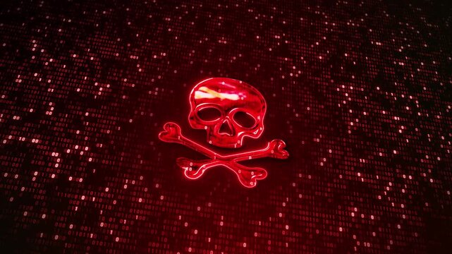 Cyber Threat Skull Binary Data skull crossbones floating streaming binary digits digital danger cyber attack risk. cybersecurity presentations hacking awareness visuals, data breach technology warning