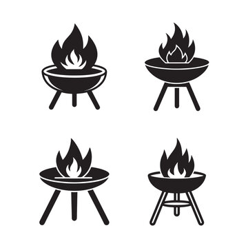 Set of barbecue grill icons with flames burning on top in simple style for cooking outdoors  various designs