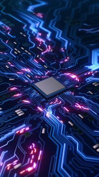 High Tech Processor on Blue PCB processor seated PCB signal paths components depth motion. software demos, cybersecurity clips, engineering explainers, hardware marketing, modern technology promos