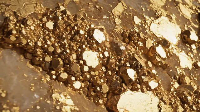 Closeup Macro View of Raw Gold Ore with Visible Nuggets and Grains.