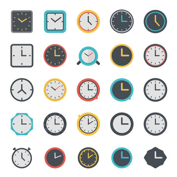 Collection of diverse clock icons and watch faces on white background