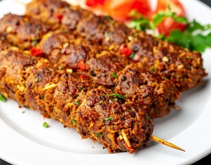 Fototapeta premium Flavorful spiced kebabs garnished with cilantro, chili, and onion on a white plate, symbolizing rich cuisine and vibrant presentation.