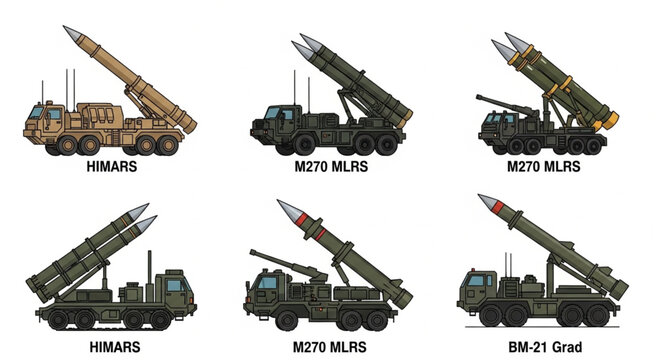 Multiple military rocket launcher systems displayed in a row for analysis and study.