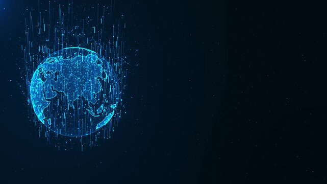 Digital Globe Data Stream Background falling light lines. global business visuals, fintech intros, technology themes glowing world sphere data streams suggests connectivity and analytics 3D 4K