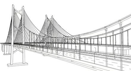 Fototapeta premium Detailed wireframe rendering of a modern cable-stayed bridge, highlighting its intricate structural design and engineering elements.