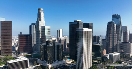Obraz premium Los Angeles downtown district urban architecture. Los Angeles cityscape modern towers panorama. Los Angeles aerial drone California city. Los Angeles financial towers district.