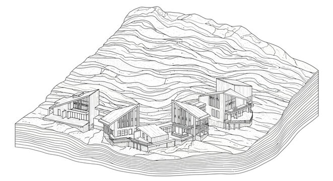 Isometric architectural drawing of modern angular buildings integrated into a contoured hilly landscape.
