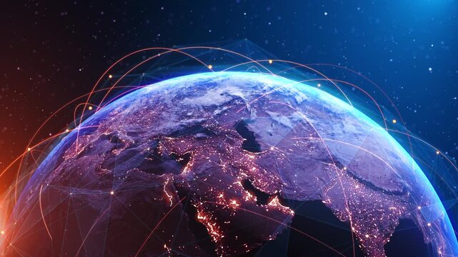 Global Network Earth Global Telecommunication Network Glowing Connection Lines Earth Planet Earth viewed from space digital arcs. international business logistics, internet connectivity, globalization