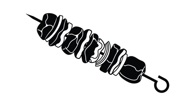 Black silhouette of a shish kebab skewer with meat pieces on a white background silhouette high quality professional detailed