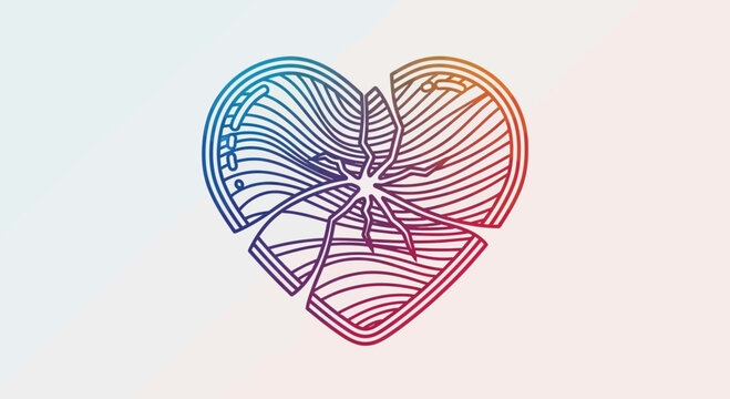 Abstract Broken Heart Symbol with Colorful Gradient Lines and Radial Pattern