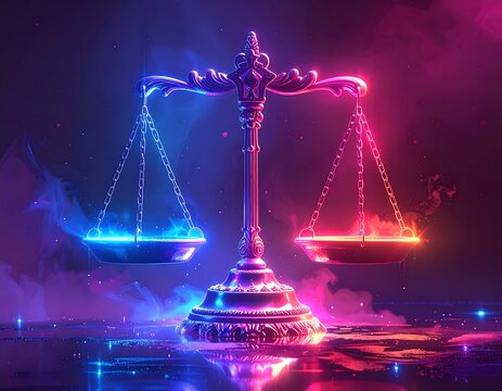 Neon scales of justice illuminated in a mystical atmosphere balanced