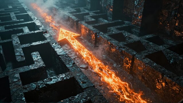 Fiery Arrow Guiding Through Dark Stone Maze