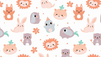 Fototapeta premium Adorable Cartoon Animals with Cheerful Expressions in Playful Pastel Colors Featuring a Fun Party Theme Background