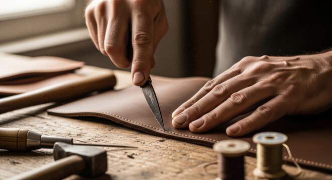 Craftsman meticulously cutting leather with a sharp knife in workshop.
