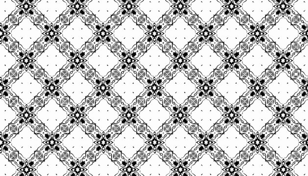 Intricate Black and White Geometric Pattern with Repeating Floral Motifs and Symmetrical Diamond Shapes on a Clean White Background