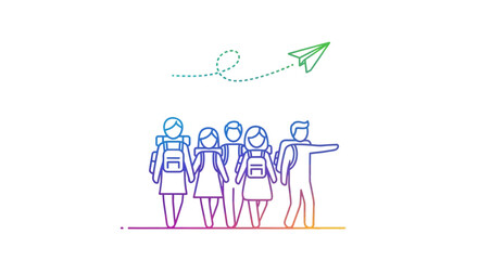Obraz premium Diverse group of young travelers with backpacks embarking on an adventure, paper airplane flying above
