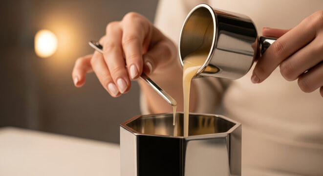 Pouring Coffee into Moka Pot A CloseUp View of Coffee Preparation.
